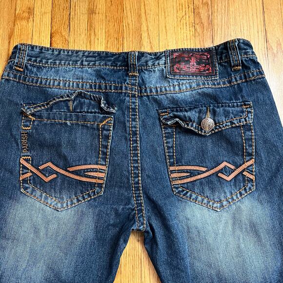 Parish Jeans Mens 42 Flap Pocket Baggy Thick Stitch Skate Blue Distressed - Picture 2 of 10